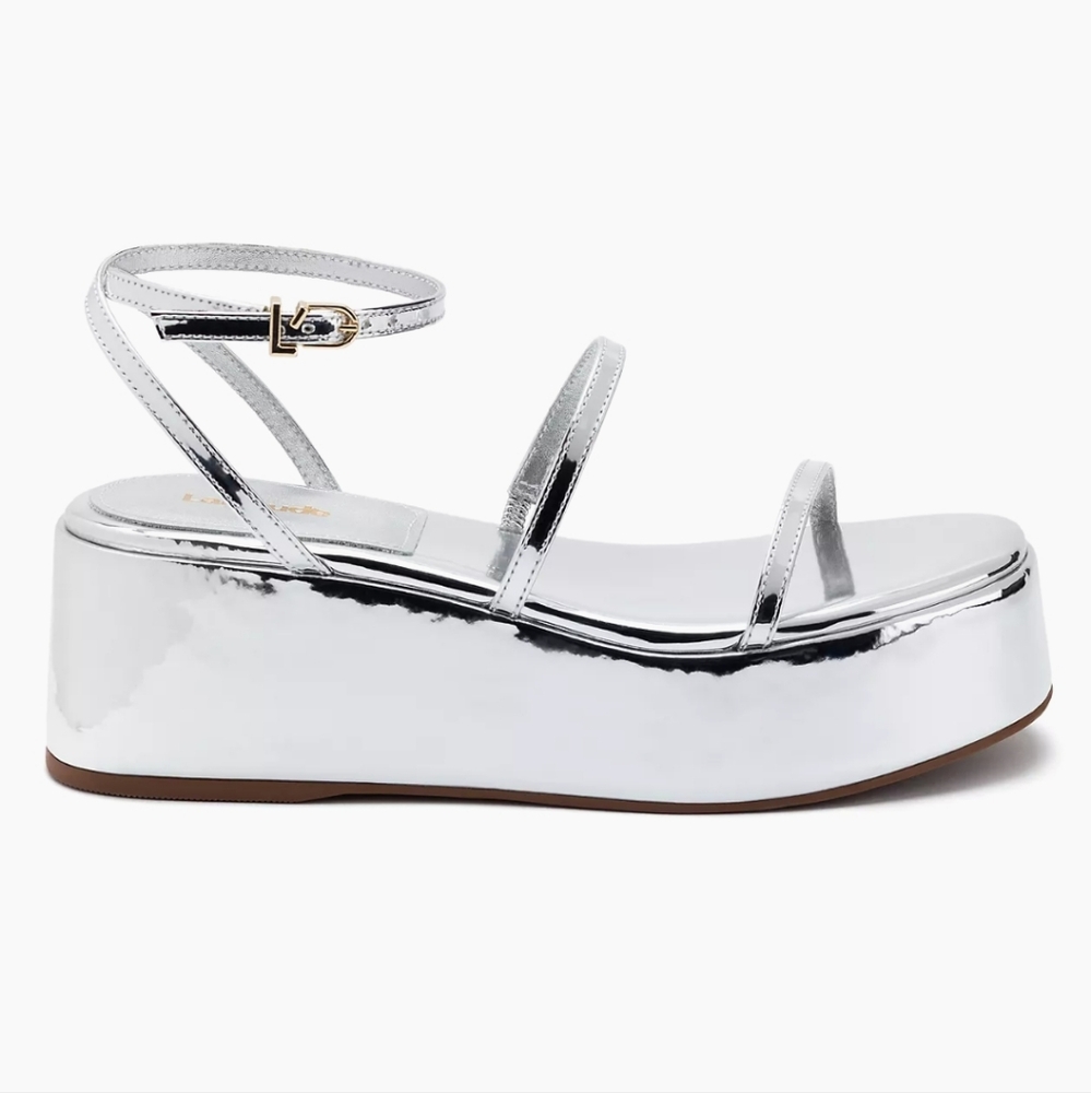 Larroude Silver Metallic Platform Sandals with Ankle Strap
